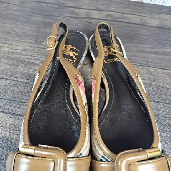 Burberry Flat Leather Sandals Brown/Plaid Slingback Novacheck Women's Sz 5.5